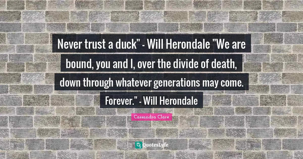 Never trust a duck" - Will Herondale "We are bound, you and I, over the divide of death, down through whatever generations may come. Forever." - Will Herondale