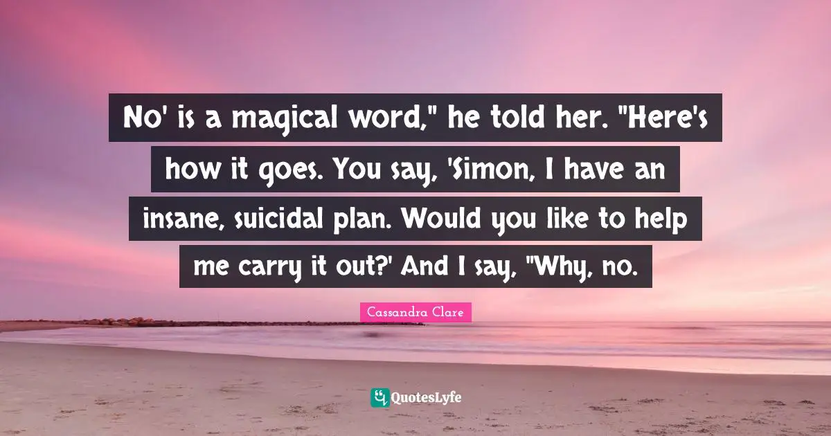 No' is a magical word," he told her. "Here's how it goes. You say, 'Simon, I have an insane, suicidal plan. Would you like to help me carry it out?' And I say, "Why, no.