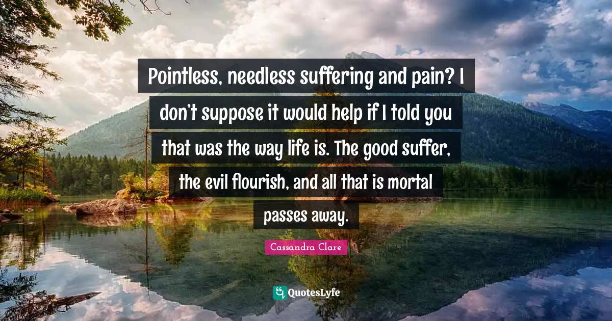 Pointless, needless suffering and pain? I don’t suppose it would help if I told you that was the way life is. The good suffer, the evil flourish, and all that is mortal passes away.