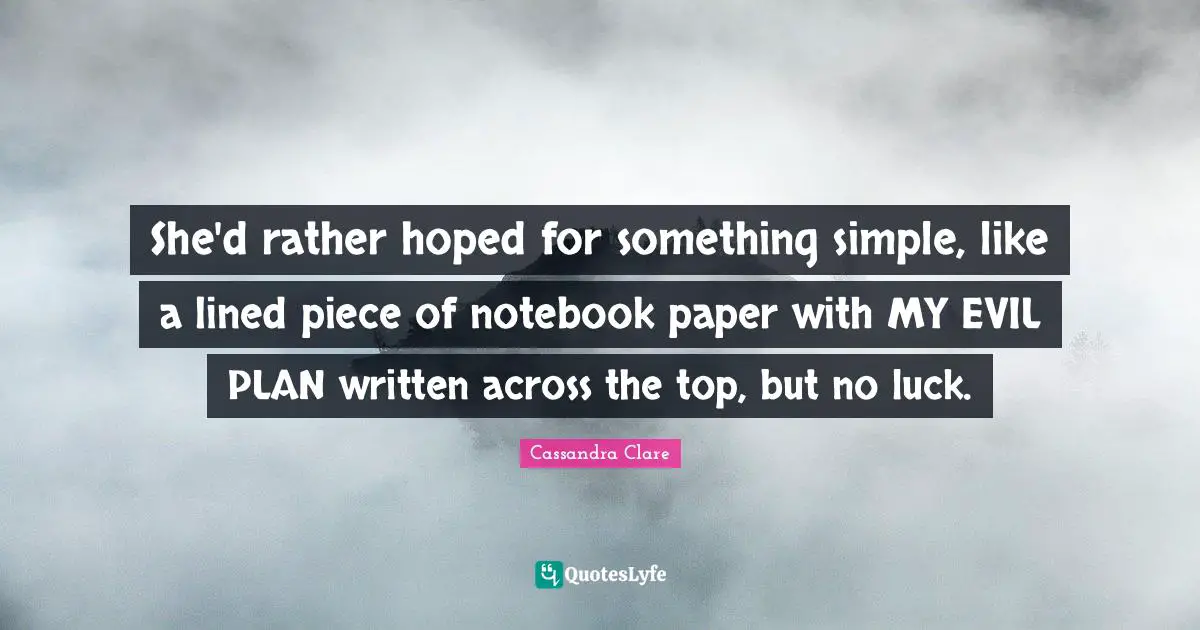 She'd rather hoped for something simple, like a lined piece of notebook paper with MY EVIL PLAN written across the top, but no luck.