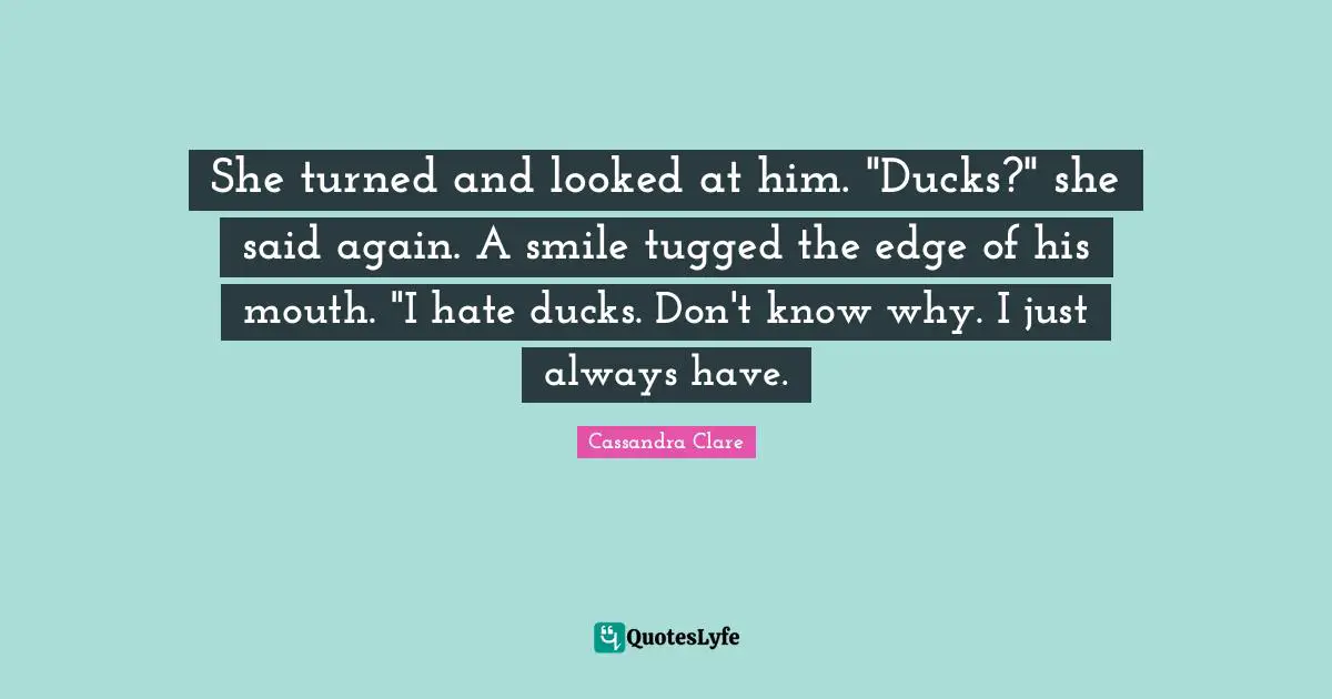 She turned and looked at him. "Ducks?" she said again. A smile tugged the edge of his mouth. "I hate ducks. Don't know why. I just always have.