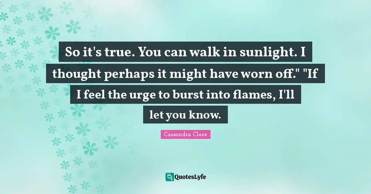 So it's true. You can walk in sunlight. I thought perhaps it might have worn off." "If I feel the urge to burst into flames, I'll let you know.