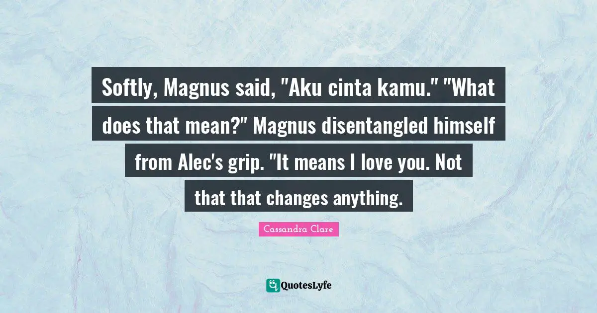 Softly, Magnus said, "Aku cinta kamu." "What does that mean?" Magnus disentangled himself from Alec's grip. "It means I love you. Not that that changes anything.