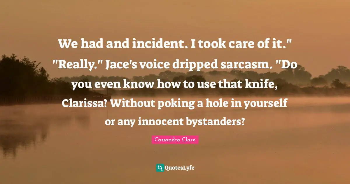 We had and incident. I took care of it." "Really." Jace's voice dripped sarcasm. "Do you even know how to use that knife, Clarissa? Without poking a hole in yourself or any innocent bystanders?