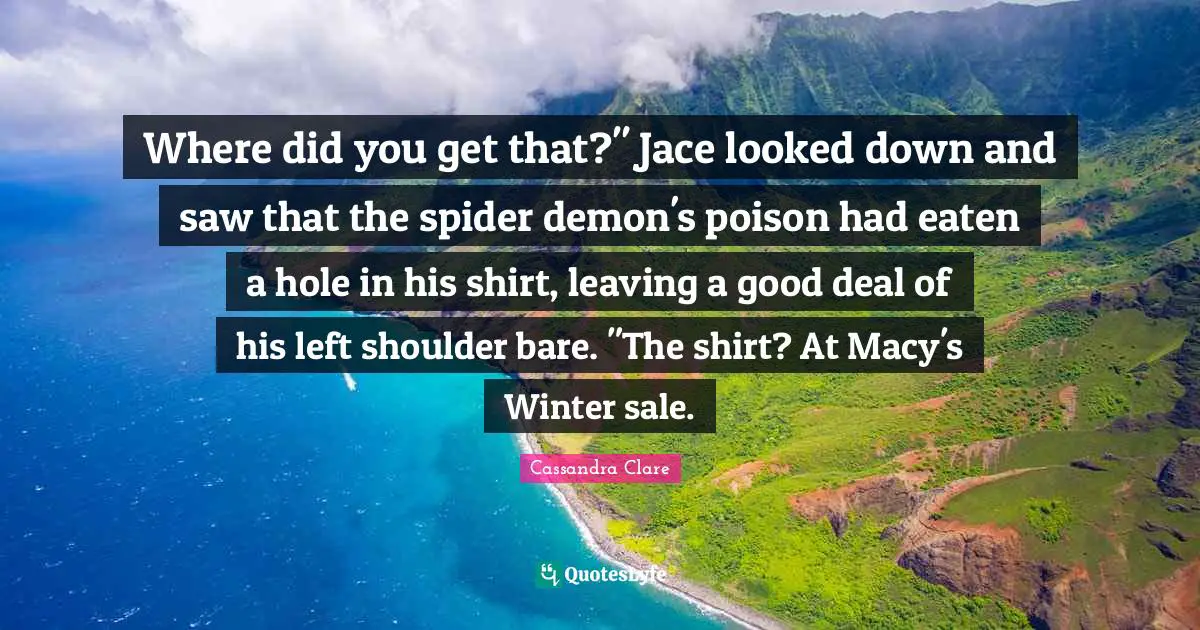 Where did you get that?" Jace looked down and saw that the spider demon's poison had eaten a hole in his shirt, leaving a good deal of his left shoulder bare. "The shirt? At Macy's Winter sale.