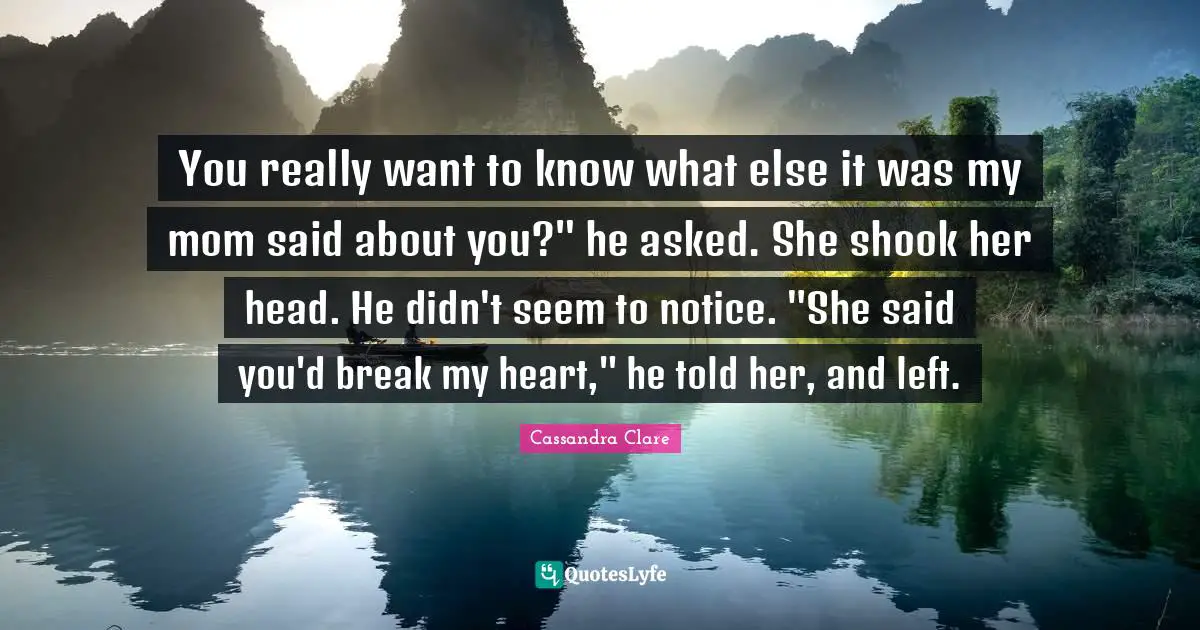 You really want to know what else it was my mom said about you?" he asked. She shook her head. He didn't seem to notice. "She said you'd break my heart," he told her, and left.