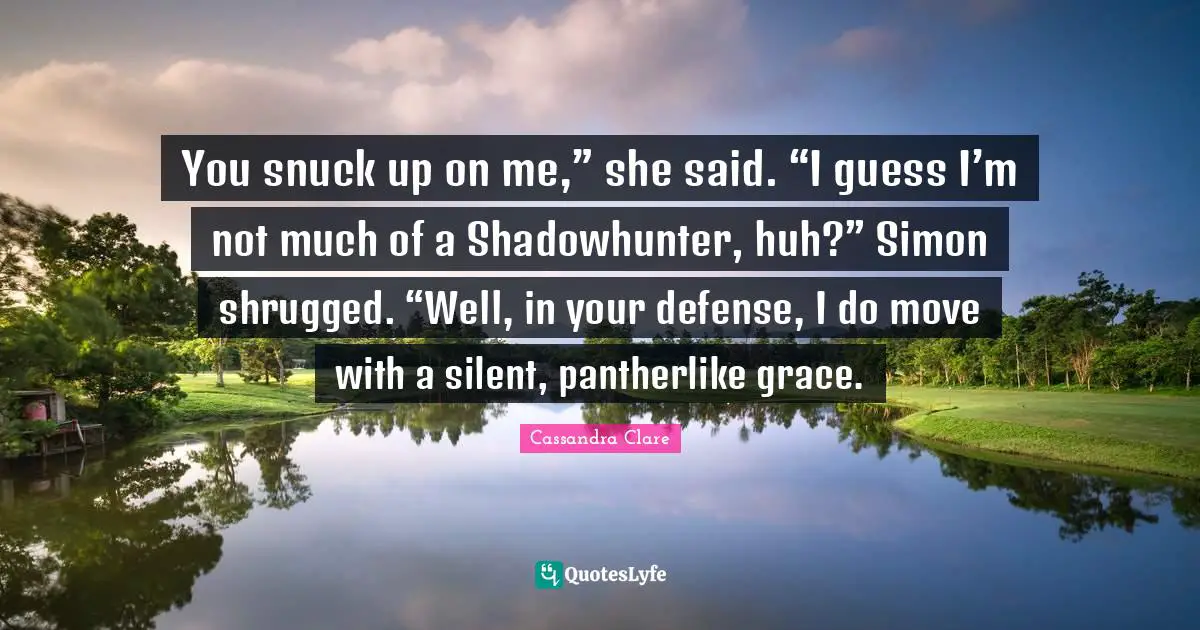 You snuck up on me,” she said. “I guess I’m not much of a Shadowhunter, huh?” Simon shrugged. “Well, in your defense, I do move with a silent, pantherlike grace.