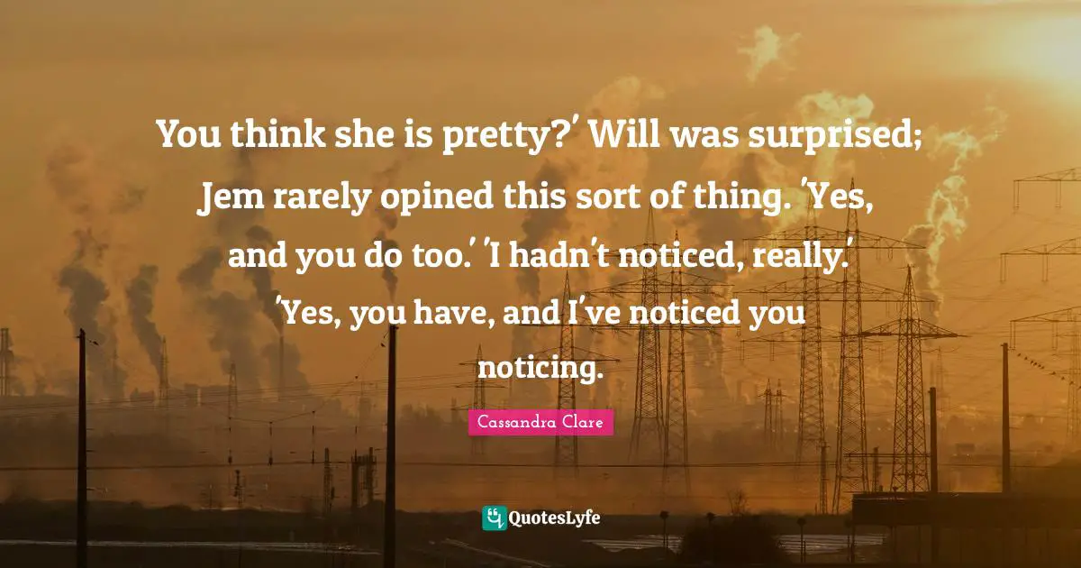 You think she is pretty?' Will was surprised; Jem rarely opined this sort of thing. 'Yes, and you do too.' 'I hadn't noticed, really.' 'Yes, you have, and I've noticed you noticing.