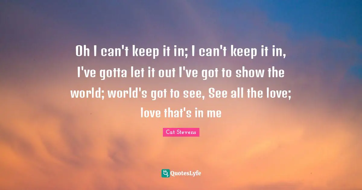 Oh I can't keep it in; I can't keep it in, I've gotta let it out I've got to show the world; world's got to see, See all the love; love that's in me