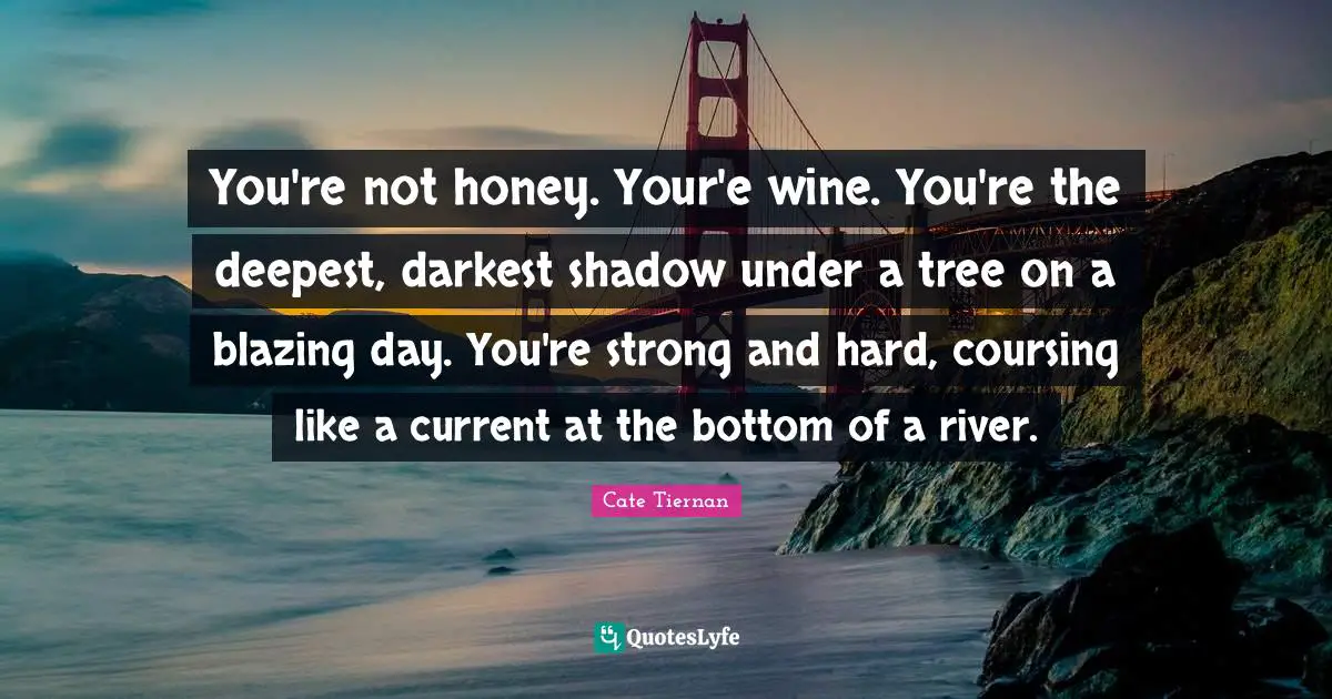 You're not honey. Your'e wine. You're the deepest, darkest shadow under a tree on a blazing day. You're strong and hard, coursing like a current at the bottom of a river.