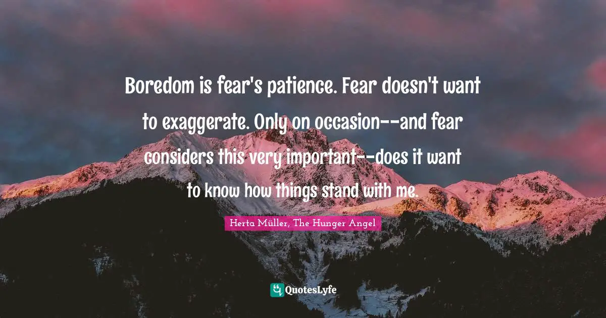 Boredom is fear's patience. Fear doesn't want to exaggerate. Only on occasion--and fear considers this very important--does it want to know how things stand with me.