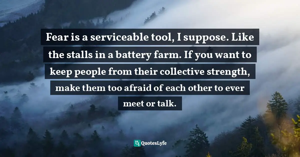 Fear is a serviceable tool, I suppose. Like the stalls in a battery farm. If you want to keep people from their collective strength, make them too afraid of each other to ever meet or talk.