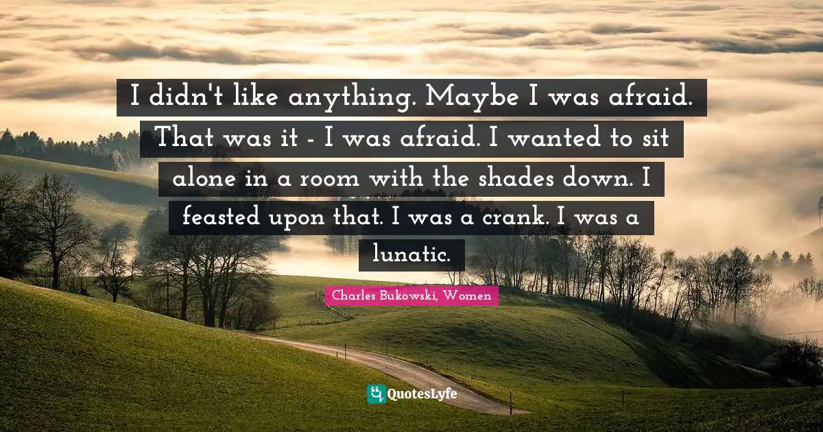 I didn't like anything. Maybe I was afraid. That was it - I was afraid. I wanted to sit alone in a room with the shades down. I feasted upon that. I was a crank. I was a lunatic.