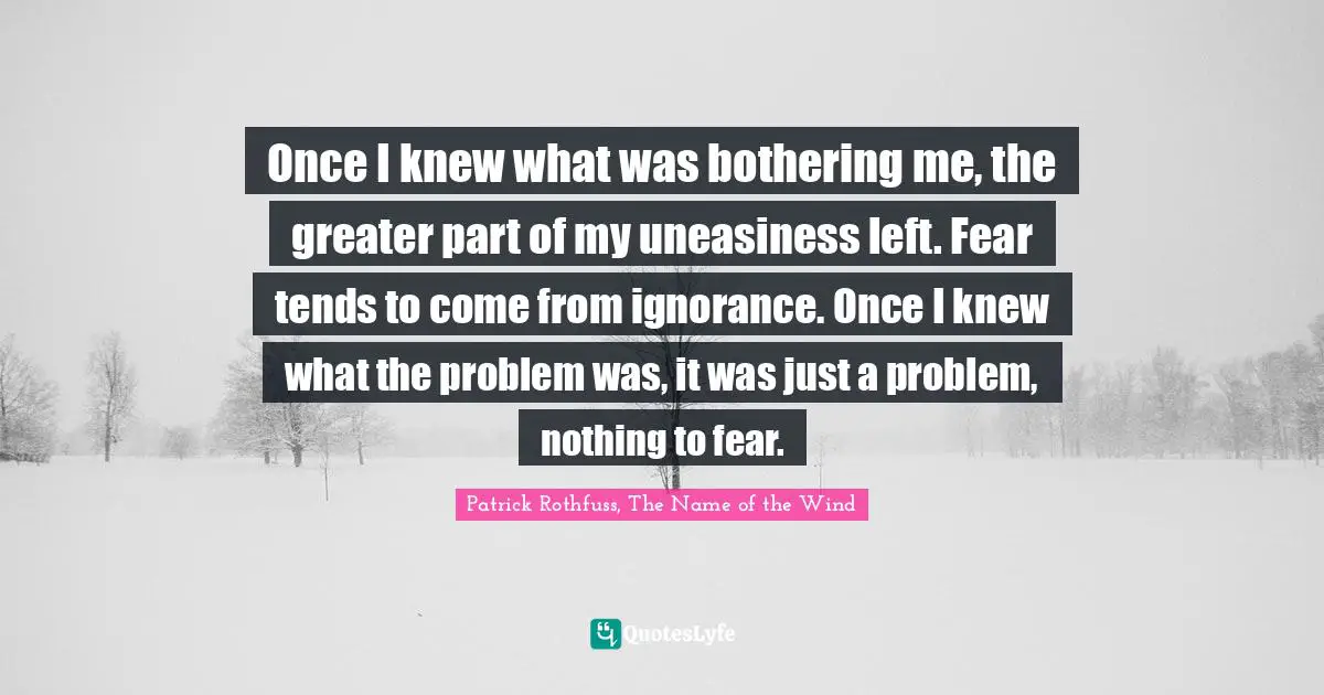 Once I knew what was bothering me, the greater part of my uneasiness left. Fear tends to come from ignorance. Once I knew what the problem was, it was just a problem, nothing to fear.