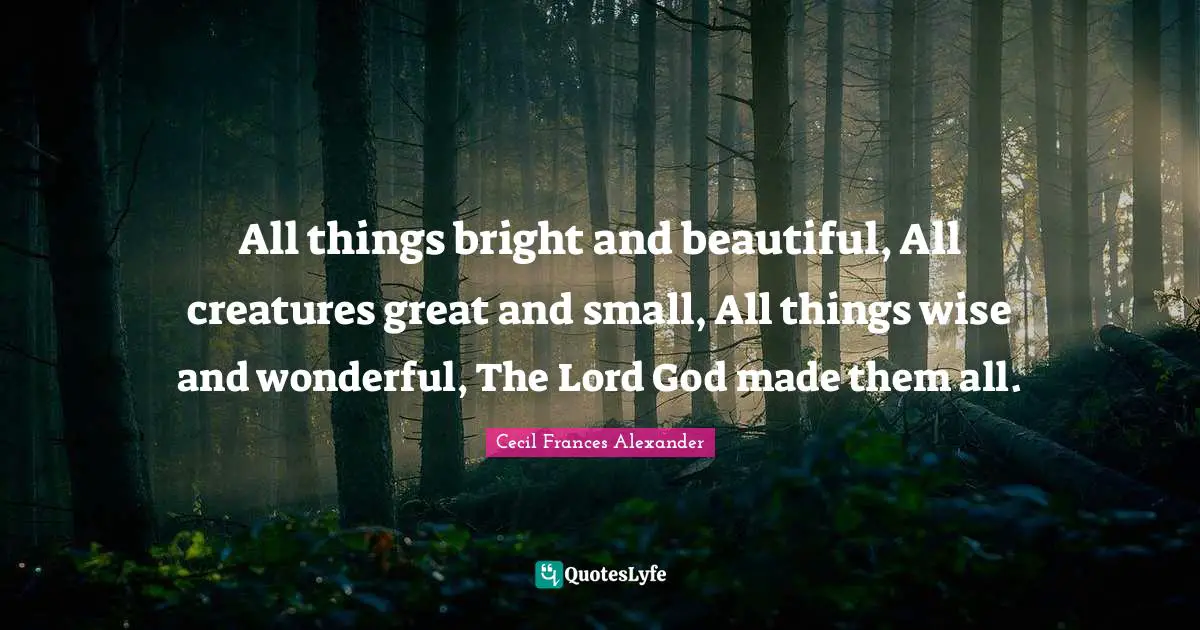 All things bright and beautiful, All creatures great and small, All things wise and wonderful, The Lord God made them all.