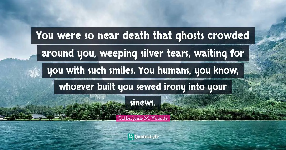 You were so near death that ghosts crowded around you, weeping silver tears, waiting for you with such smiles. You humans, you know, whoever built you sewed irony into your sinews.