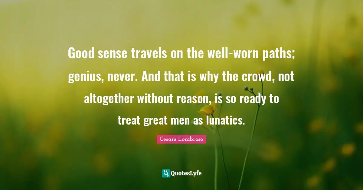 Good sense travels on the well-worn paths; genius, never. And that is why the crowd, not altogether without reason, is so ready to treat great men as lunatics.