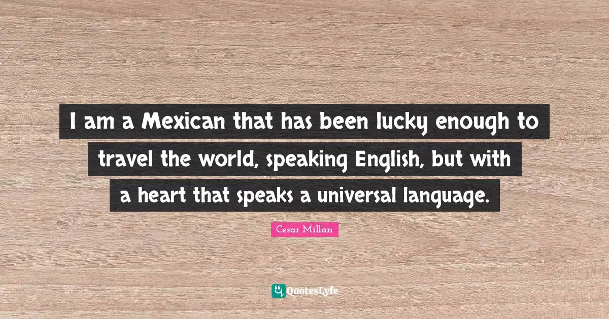 Cesar Millan Quotes: "I am a Mexican that has been lucky enough to travel the world, speaking English, but with a heart that speaks a universal language."