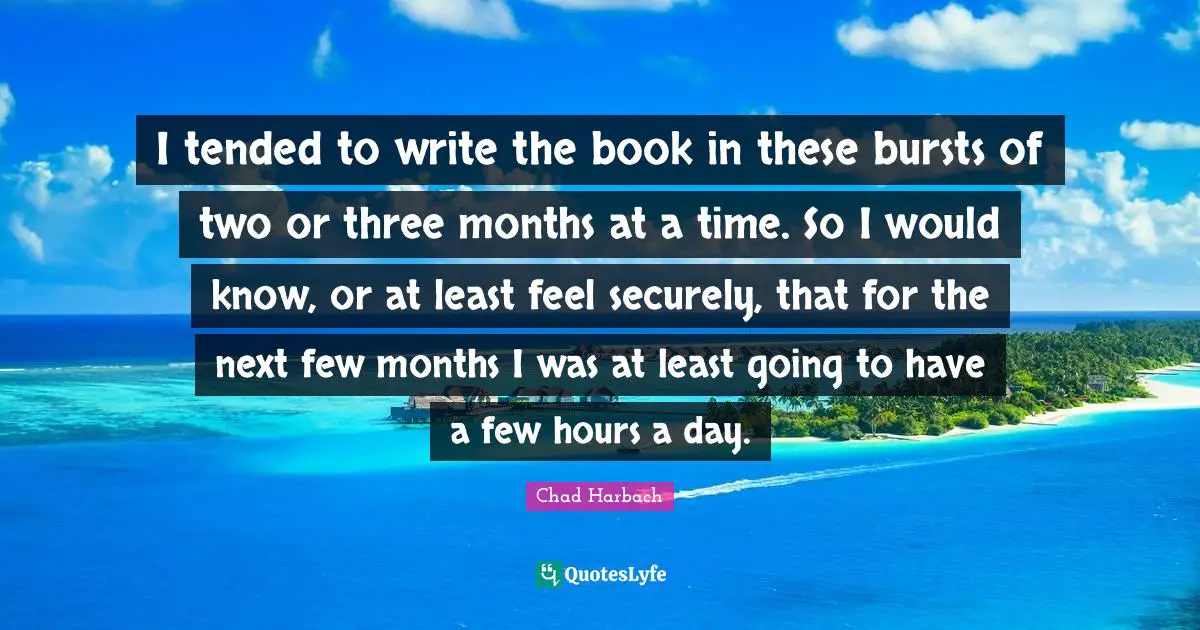 I tended to write the book in these bursts of two or three months at a time. So I would know, or at least feel securely, that for the next few months I was at least going to have a few hours a day.