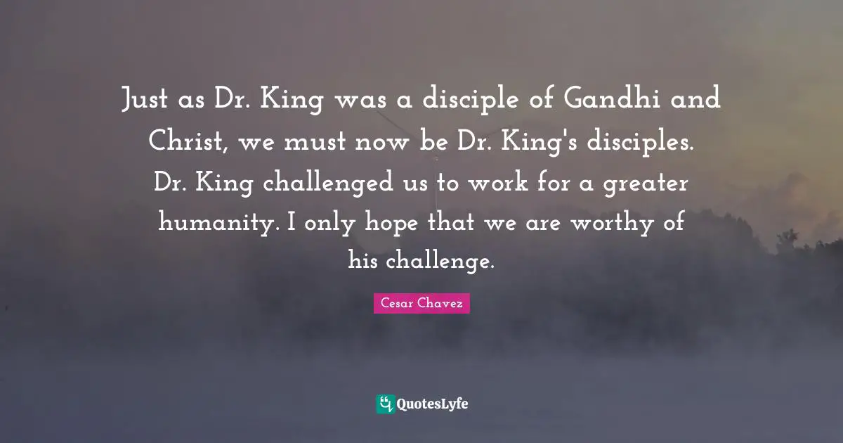 Just as Dr. King was a disciple of Gandhi and Christ, we must now be Dr. King's disciples. Dr. King challenged us to work for a greater humanity. I only hope that we are worthy of his challenge.