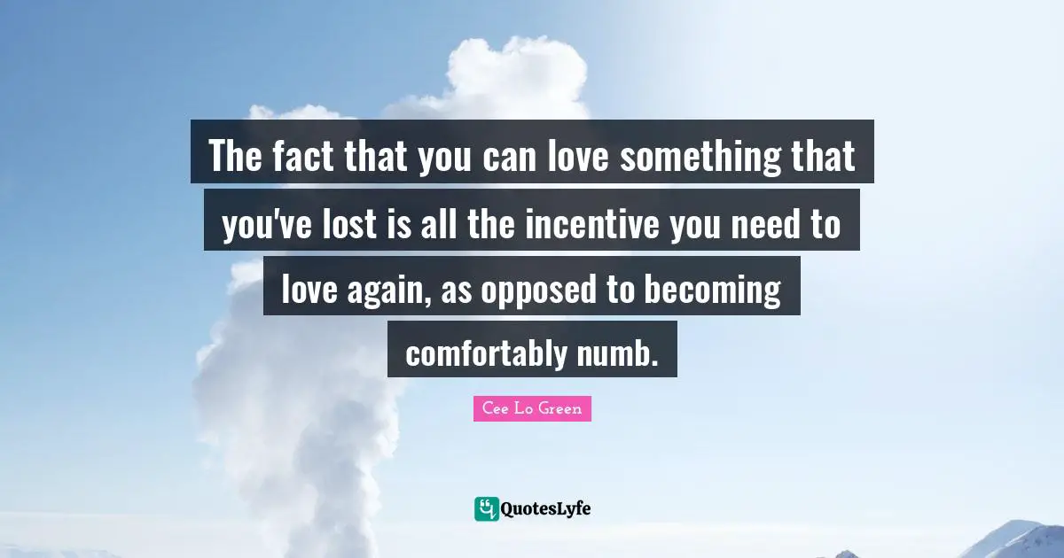 Cee Lo Green Quotes: "The fact that you can love something that you've lost is all the incentive you need to love again, as opposed to becoming comfortably numb."