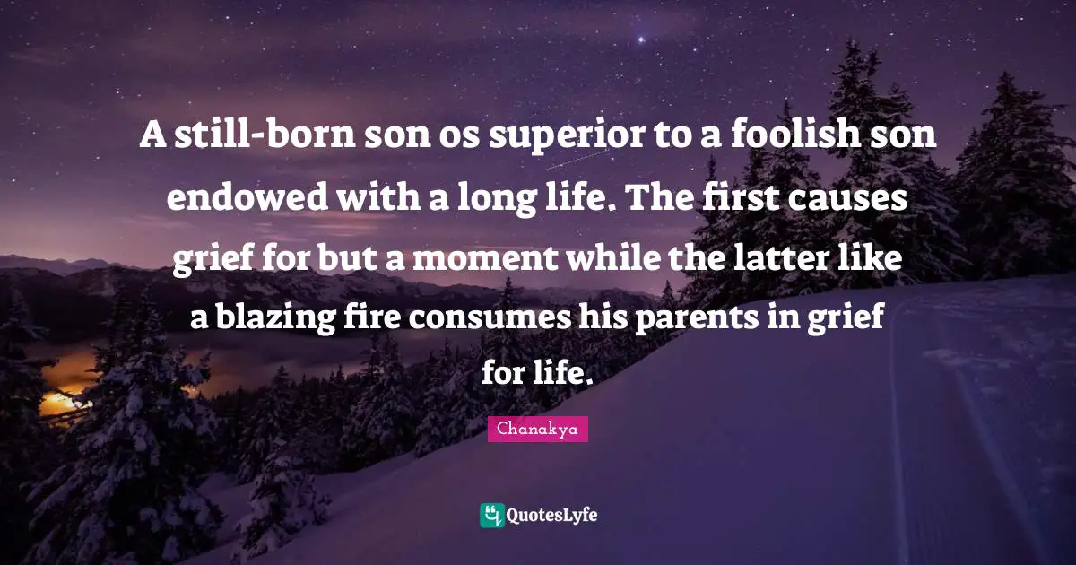 A still-born son os superior to a foolish son endowed with a long life. The first causes grief for but a moment while the latter like a blazing fire consumes his parents in grief for life.