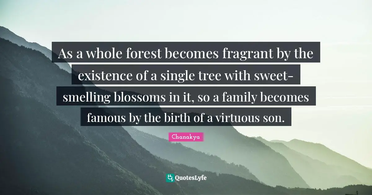 As a whole forest becomes fragrant by the existence of a single tree with sweet-smelling blossoms in it, so a family becomes famous by the birth of a virtuous son.