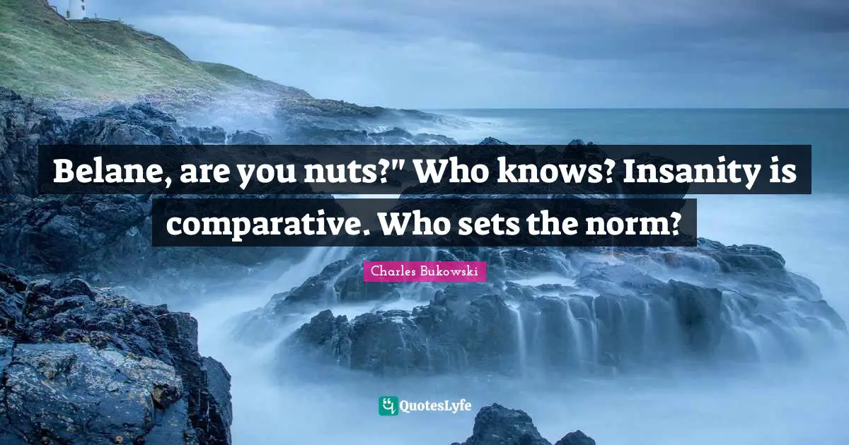 Belane, are you nuts?" Who knows? Insanity is comparative. Who sets the norm?