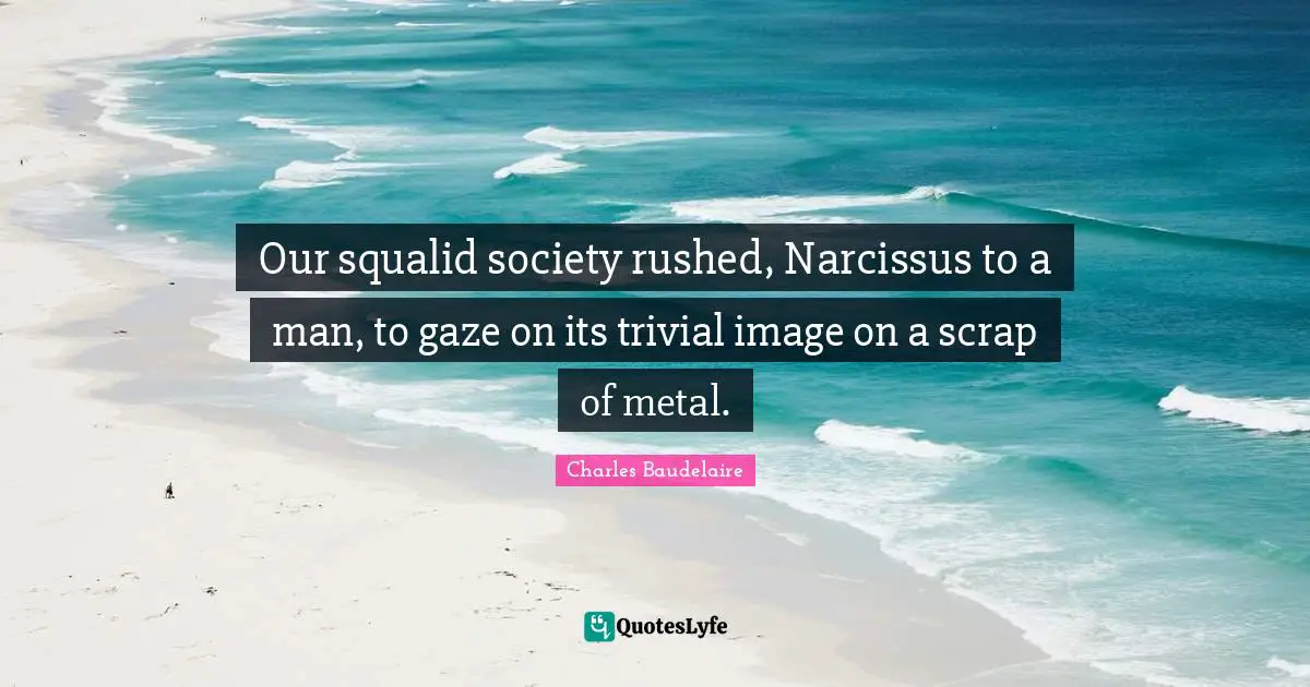 Charles Baudelaire Quotes: "Our squalid society rushed, Narcissus to a man, to gaze on its trivial image on a scrap of metal."