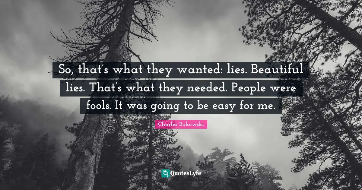 So, that’s what they wanted: lies. Beautiful lies. That’s what they needed. People were fools. It was going to be easy for me.
