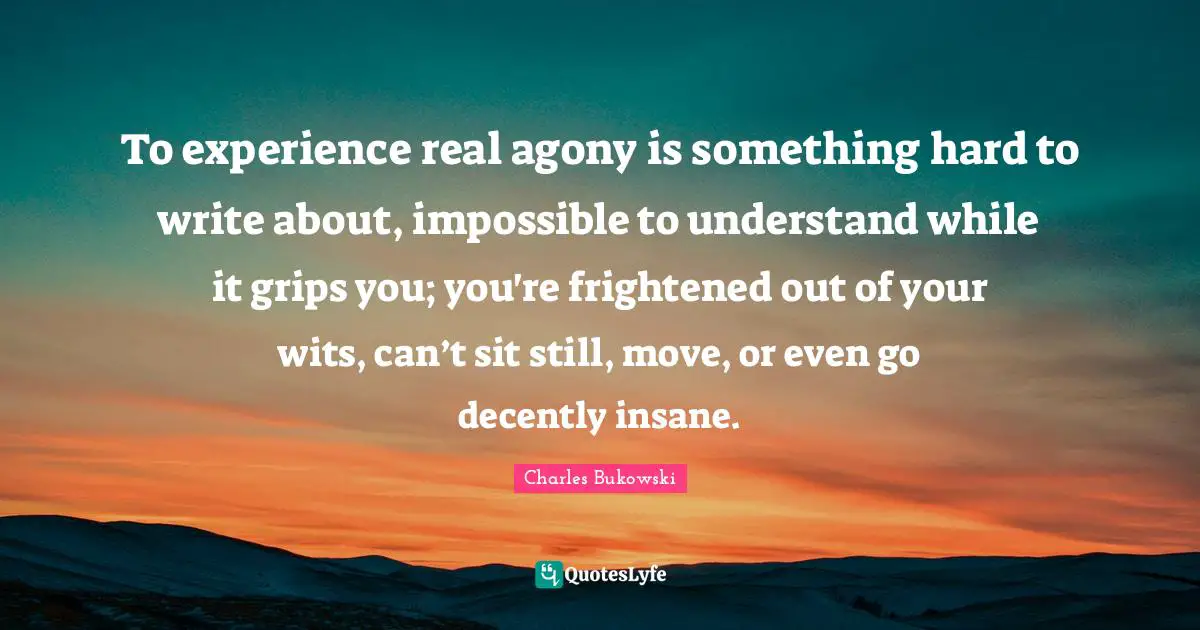 To experience real agony is something hard to write about, impossible to understand while it grips you; you're frightened out of your wits, can’t sit still, move, or even go decently insane.