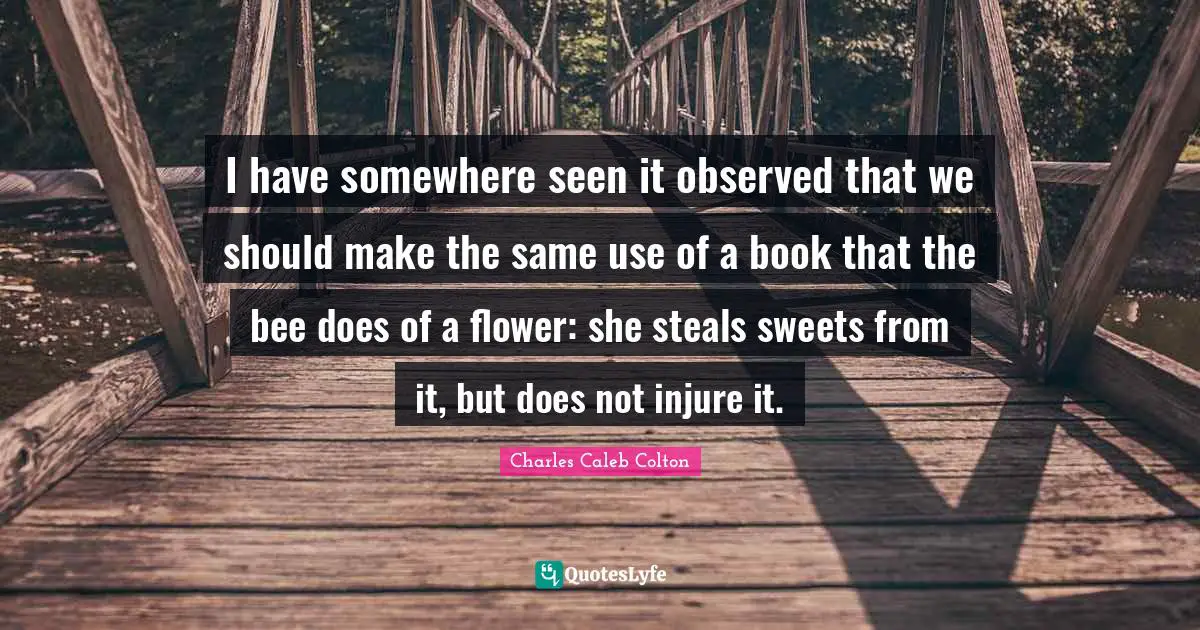 I have somewhere seen it observed that we should make the same use of a book that the bee does of a flower: she steals sweets from it, but does not injure it.