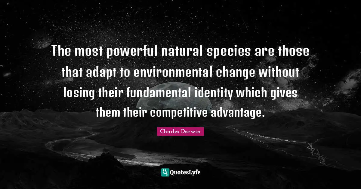 Charles Darwin Quotes: "The most powerful natural species are those that adapt to environmental change without losing their fundamental identity which gives them their competitive advantage."