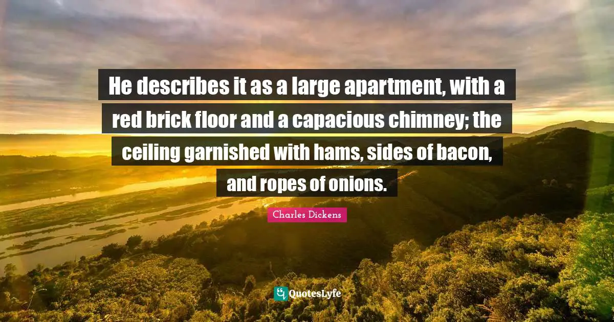 He describes it as a large apartment, with a red brick floor and a capacious chimney; the ceiling garnished with hams, sides of bacon, and ropes of onions.