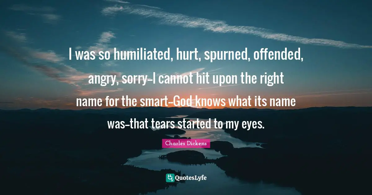 I was so humiliated, hurt, spurned, offended, angry, sorry--I cannot hit upon the right name for the smart--God knows what its name was--that tears started to my eyes.