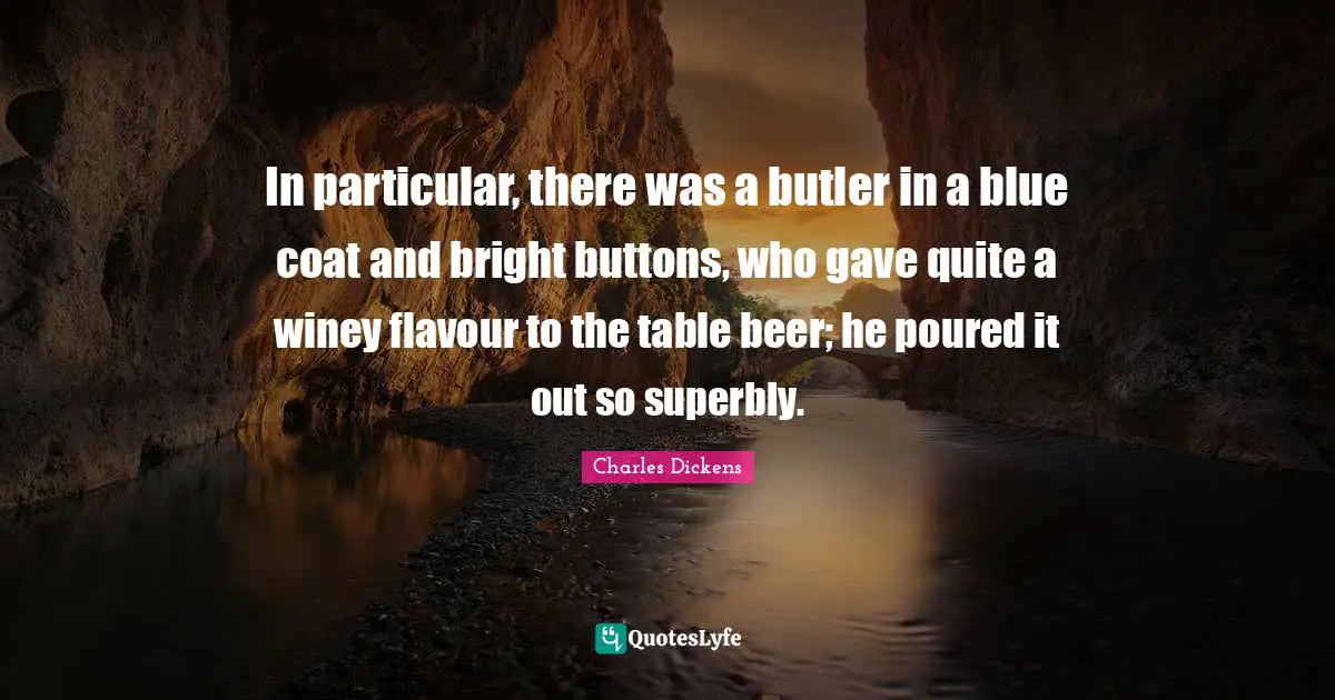 In particular, there was a butler in a blue coat and bright buttons, who gave quite a winey flavour to the table beer; he poured it out so superbly.