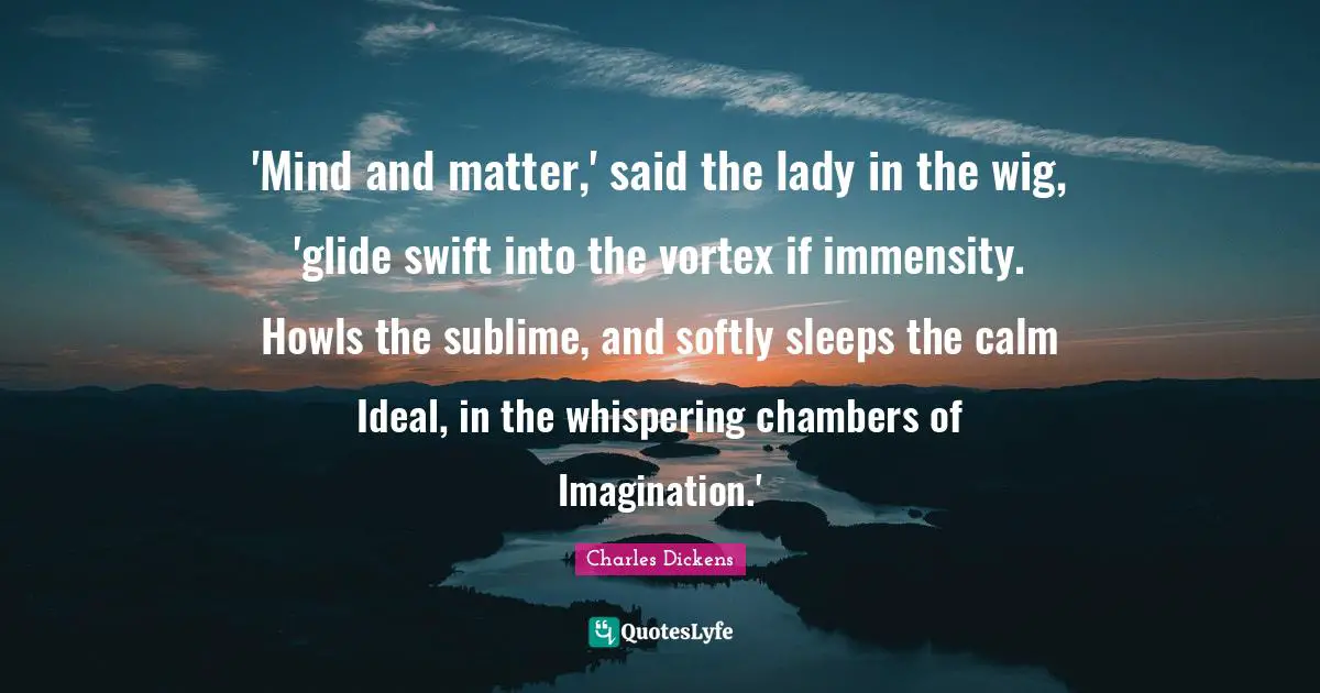 'Mind and matter,' said the lady in the wig, 'glide swift into the vortex if immensity. Howls the sublime, and softly sleeps the calm Ideal, in the whispering chambers of Imagination.'