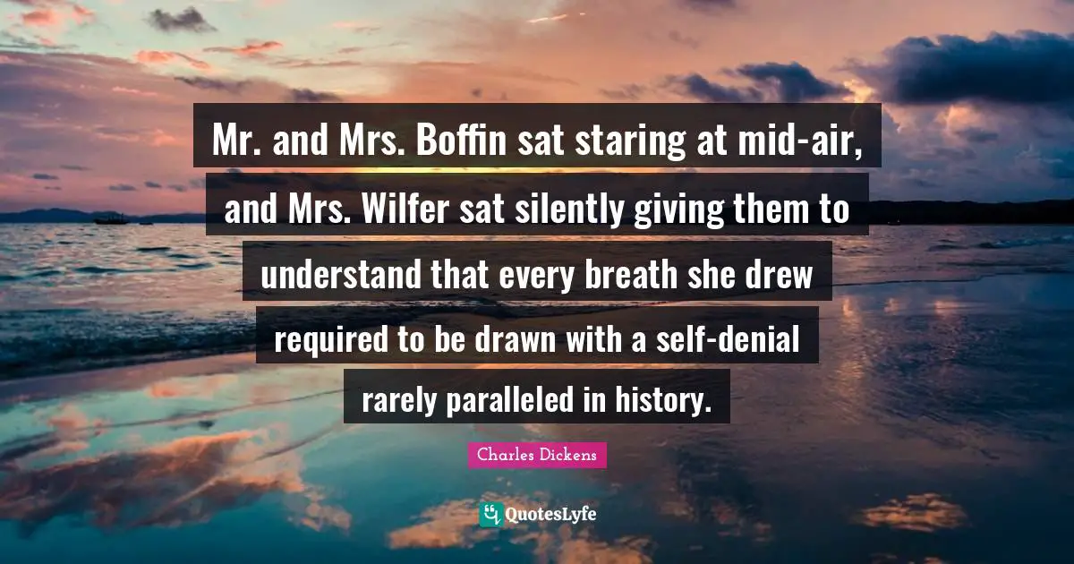 Mr. and Mrs. Boffin sat staring at mid-air, and Mrs. Wilfer sat silently giving them to understand that every breath she drew required to be drawn with a self-denial rarely paralleled in history.