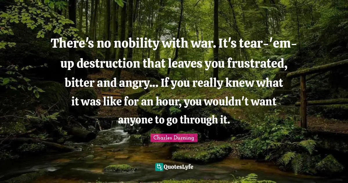 There's no nobility with war. It's tear-'em-up destruction that leaves you frustrated, bitter and angry... If you really knew what it was like for an hour, you wouldn't want anyone to go through it.