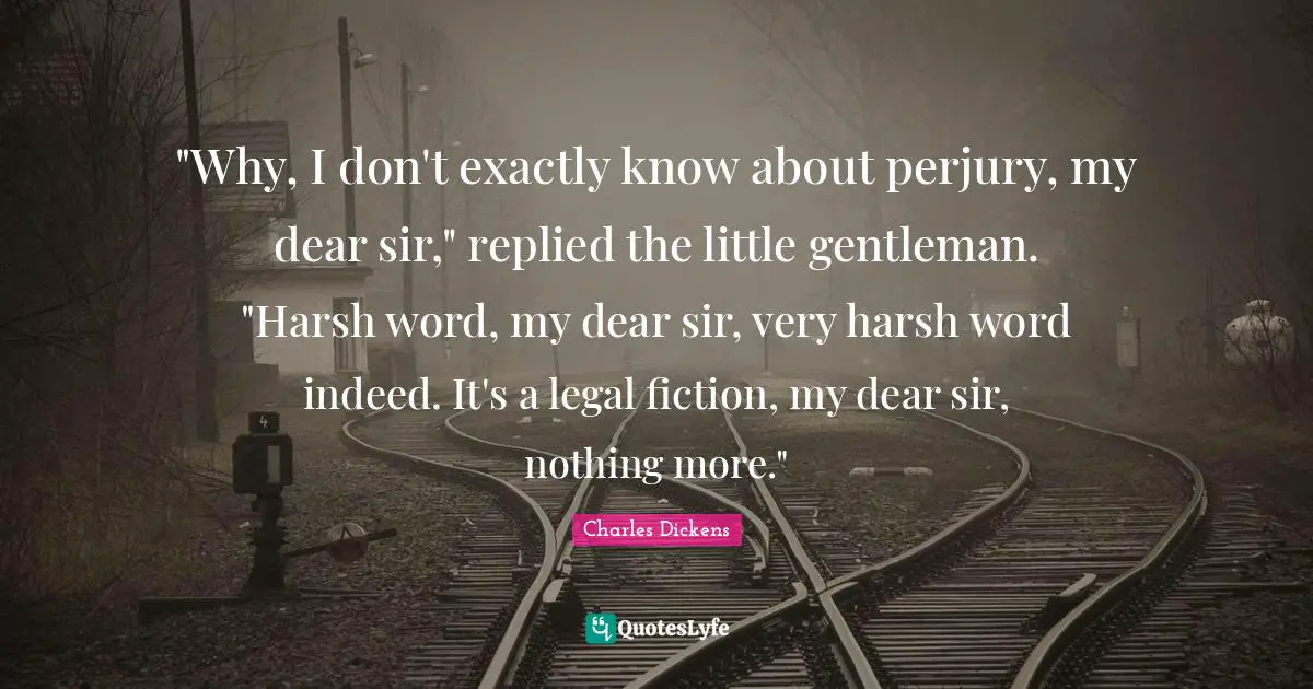 "Why, I don't exactly know about perjury, my dear sir," replied the little gentleman. "Harsh word, my dear sir, very harsh word indeed. It's a legal fiction, my dear sir, nothing more."