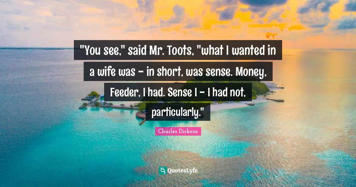 "You see," said Mr. Toots, "what I wanted in a wife was - in short, was sense. Money, Feeder, I had. Sense I - I had not, particularly."