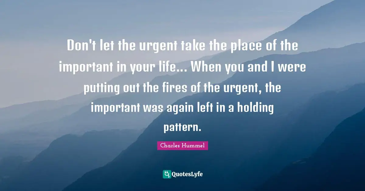 Don't let the urgent take the place of the important in your life... When you and I were putting out the fires of the urgent, the important was again left in a holding pattern.