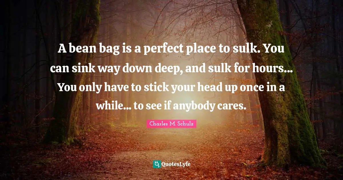 A bean bag is a perfect place to sulk. You can sink way down deep, and sulk for hours... You only have to stick your head up once in a while... to see if anybody cares.