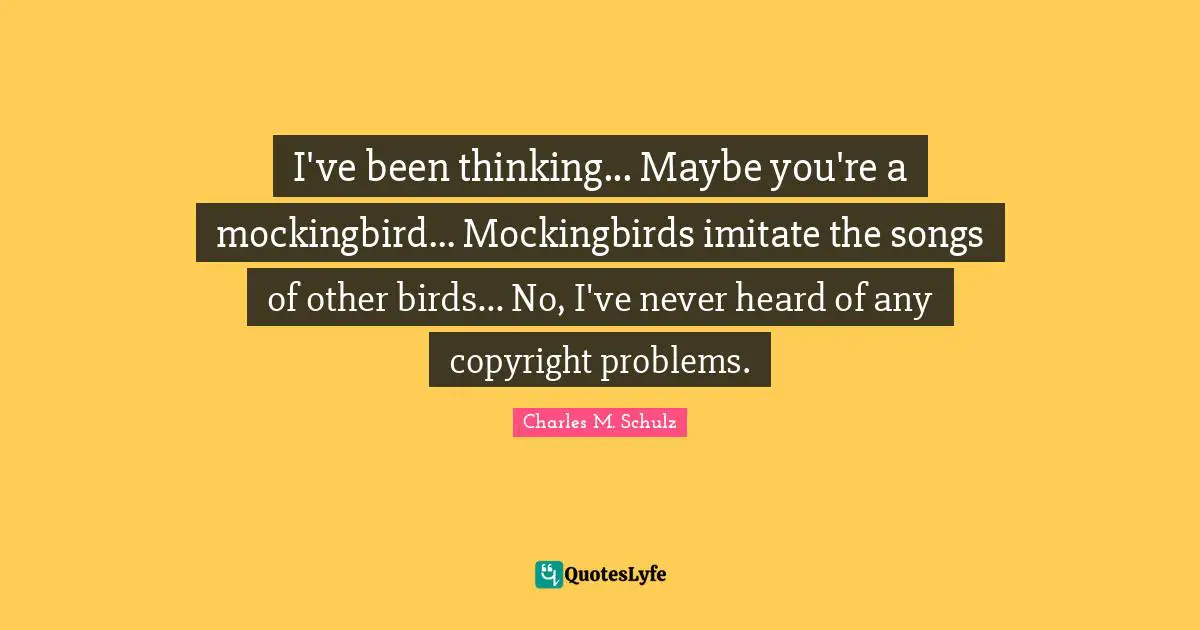 I've been thinking... Maybe you're a mockingbird... Mockingbirds imitate the songs of other birds... No, I've never heard of any copyright problems.