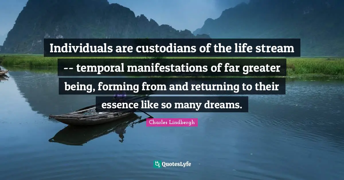 Individuals are custodians of the life stream -- temporal manifestations of far greater being, forming from and returning to their essence like so many dreams.