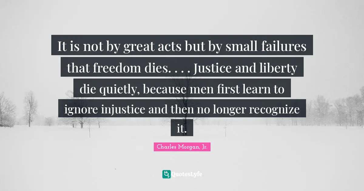 It is not by great acts but by small failures that freedom dies. . . . Justice and liberty die quietly, because men first learn to ignore injustice and then no longer recognize it.