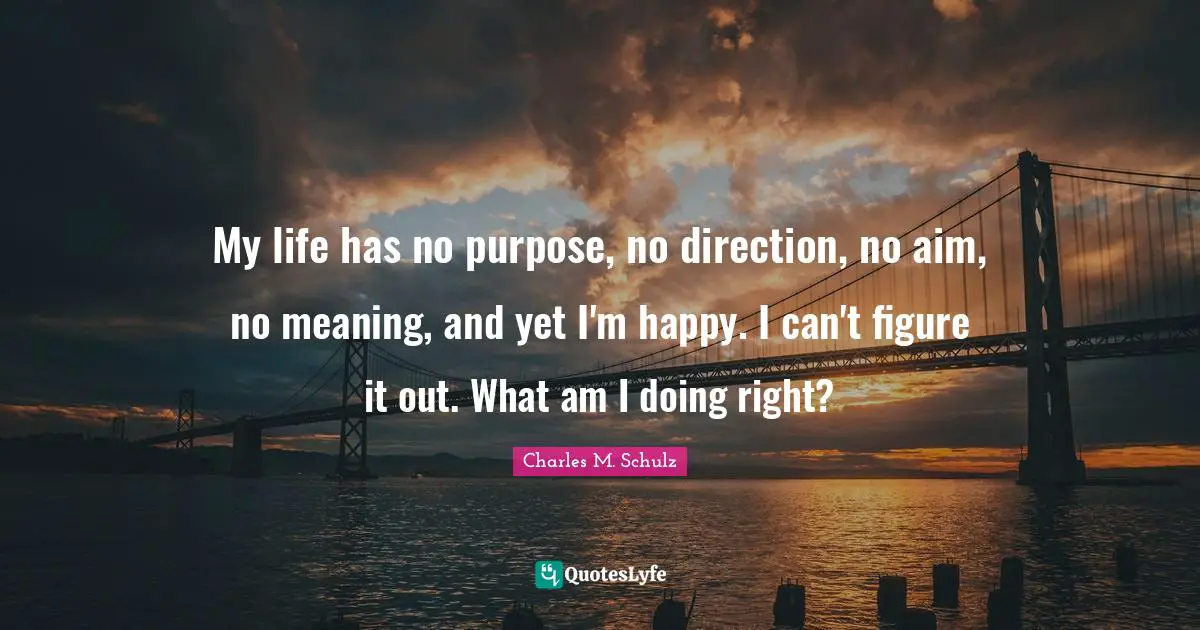 Charles M. Schulz Quotes: My life has no purpose, no direction, no aim, no meaning, and yet I'm happy. I can't figure it out. What am I doing right?