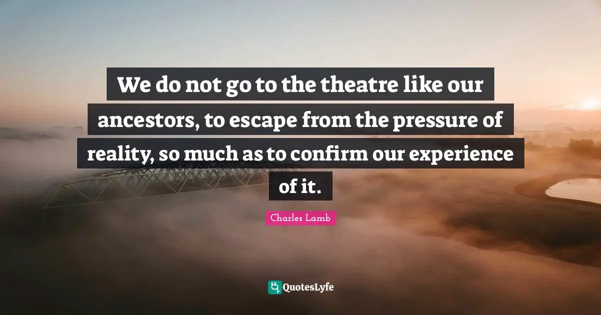 We do not go to the theatre like our ancestors, to escape from the pressure of reality, so much as to confirm our experience of it.