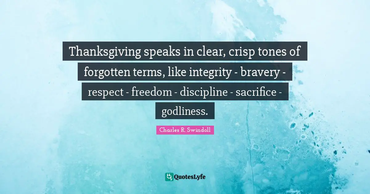Thanksgiving speaks in clear, crisp tones of forgotten terms, like integrity - bravery - respect - freedom - discipline - sacrifice - godliness.