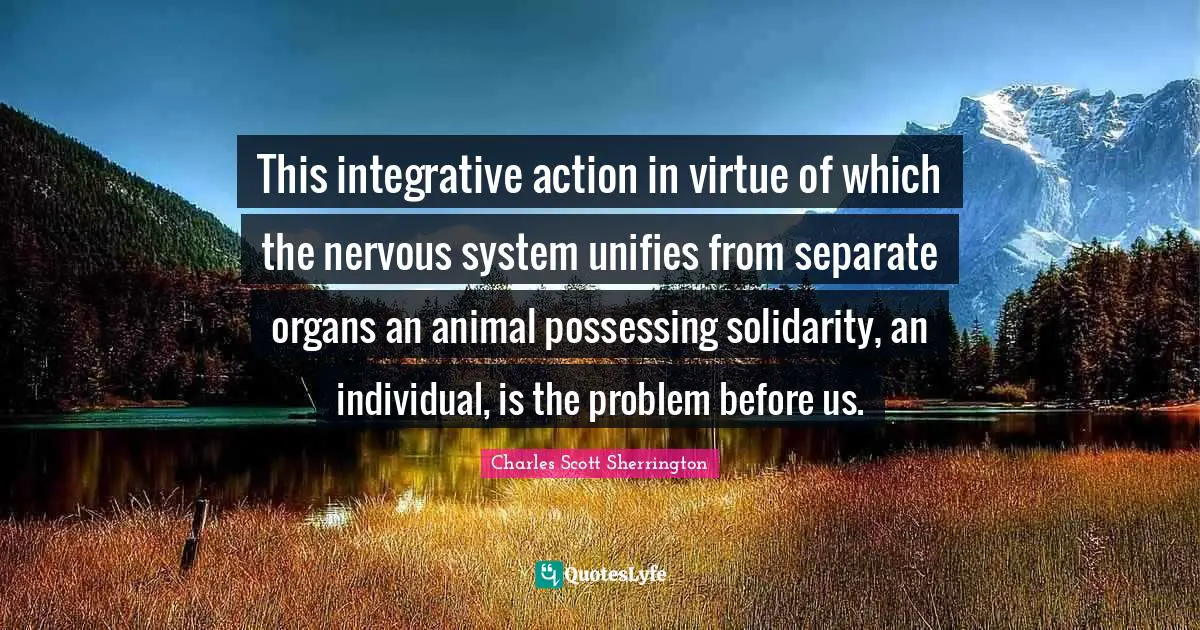 This integrative action in virtue of which the nervous system unifies from separate organs an animal possessing solidarity, an individual, is the problem before us.